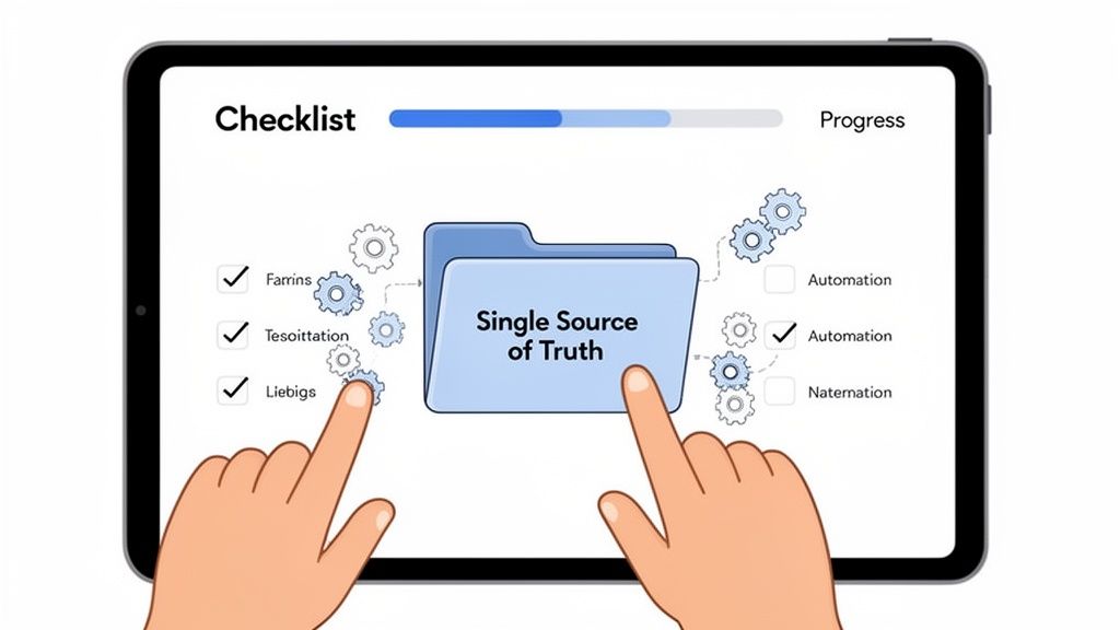 Hands interact with a digital checklist on a tablet, showing a "Single Source of Truth" fo
