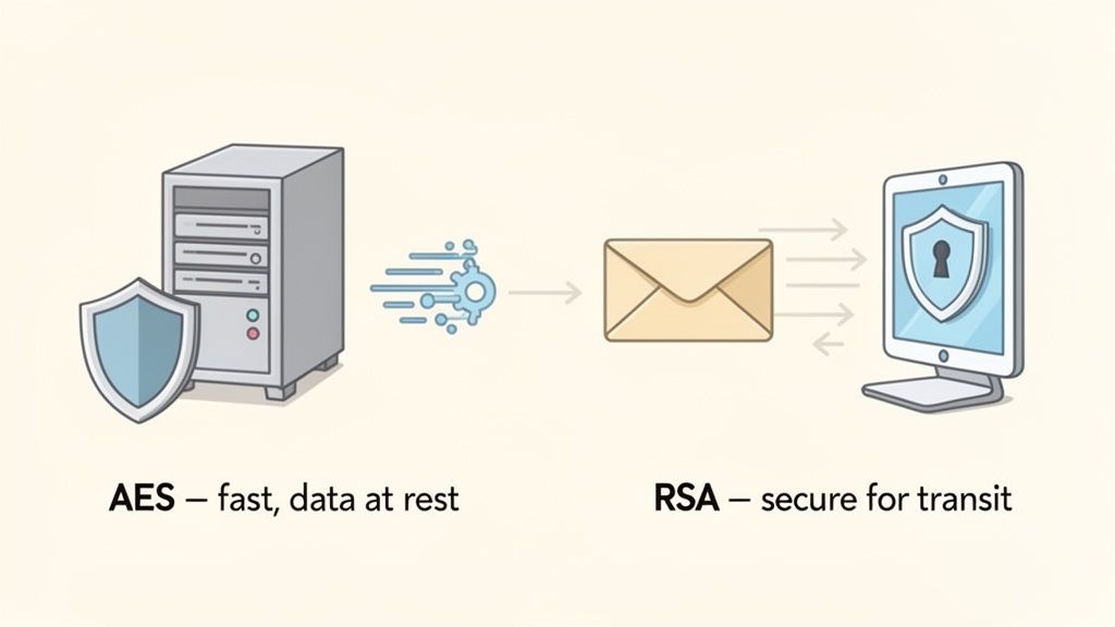 Visualizing data encryption: AES for secure data storage on a server, RSA for secure data transmissi