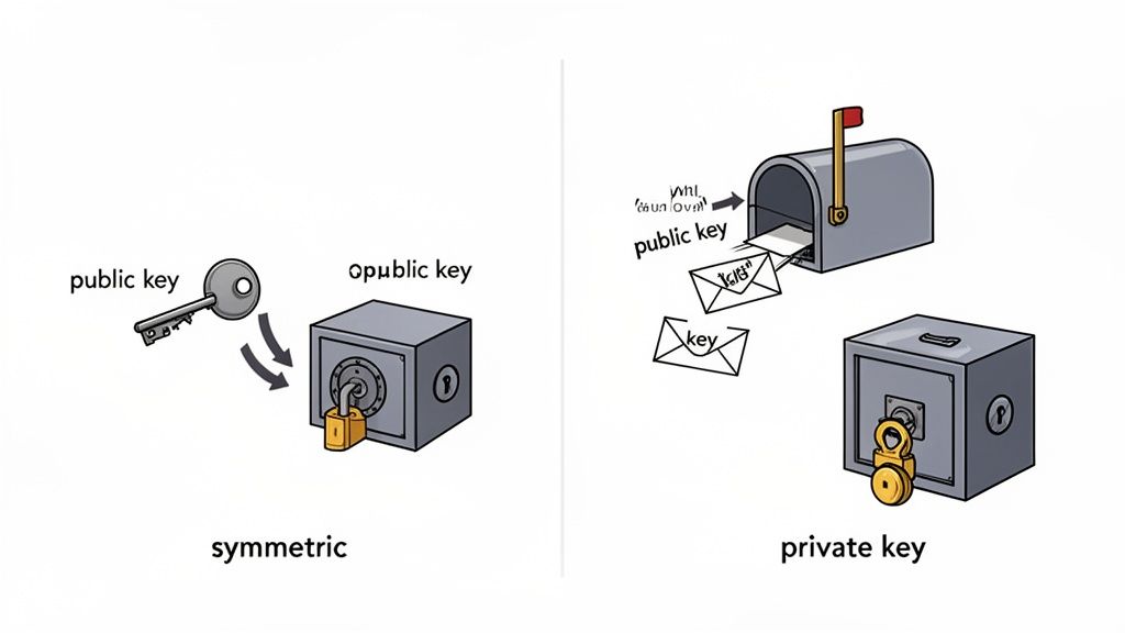 Illustration comparing symmetric and asymmetric encryption using keys, safes, and mailboxes.
