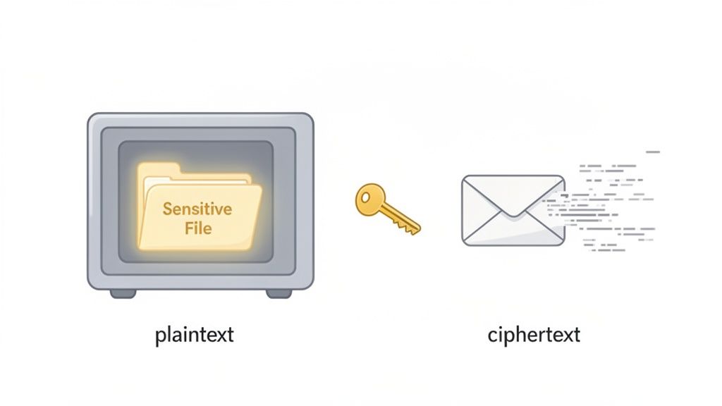 A safe containing a 'Sensitive File' (plaintext), a key, and a moving envelope (ciphertext