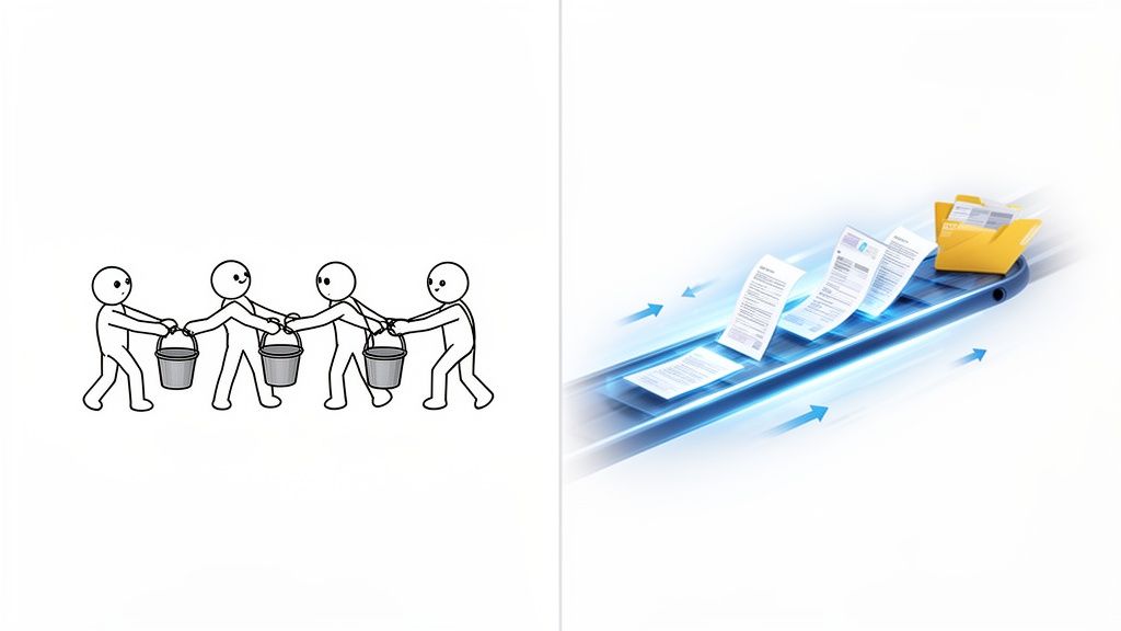 Four stick figures manually passing buckets contrasted with documents digitally flowing into a folde
