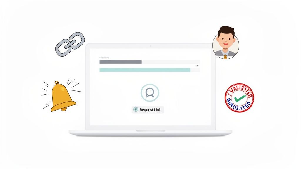 Laptop displaying a 'Request Link' interface, surrounded by chain link, ringing bell, user