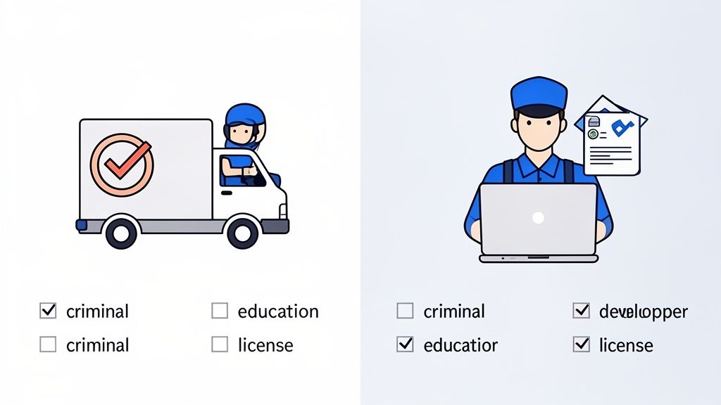 An illustration comparing employee background checks, showing criminal records for a delivery driver