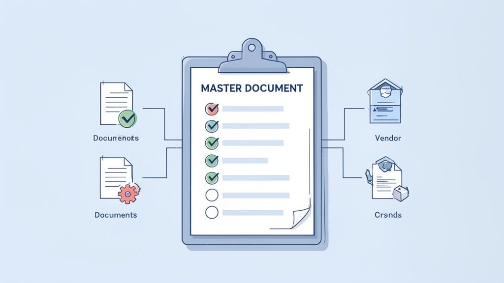 A master document on a clipboard connected to various external documents for collection and processi