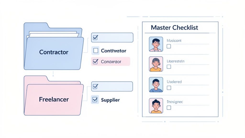 Illustration showing document collection folders for contractors and freelancers with associated che