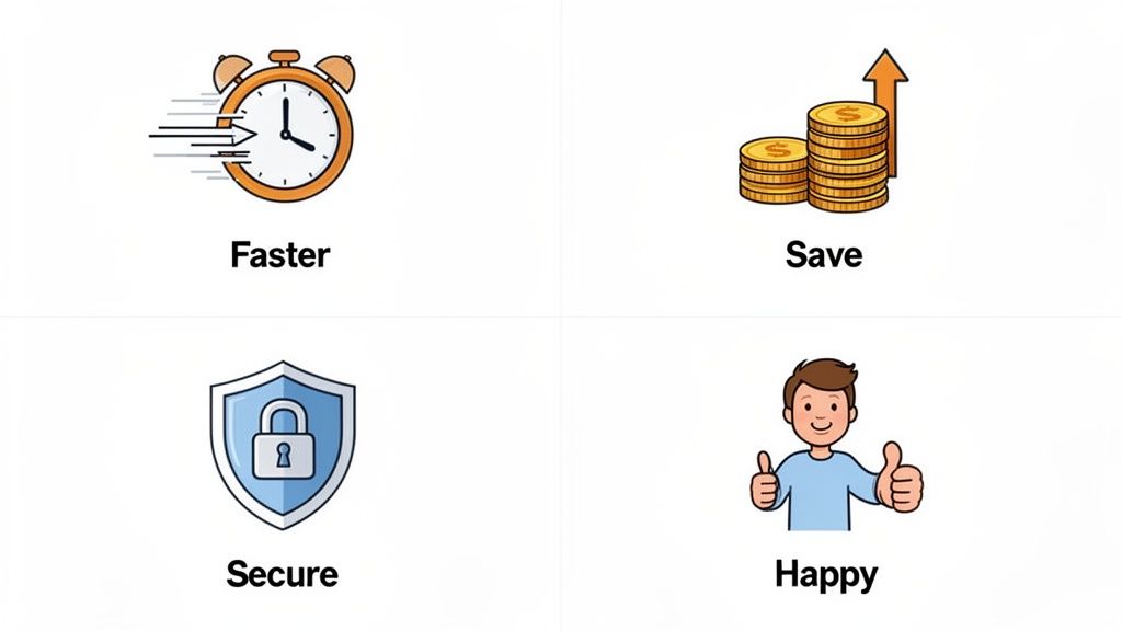 Four icons representing key benefits: faster speed, saving money, secure protection, and customer ha