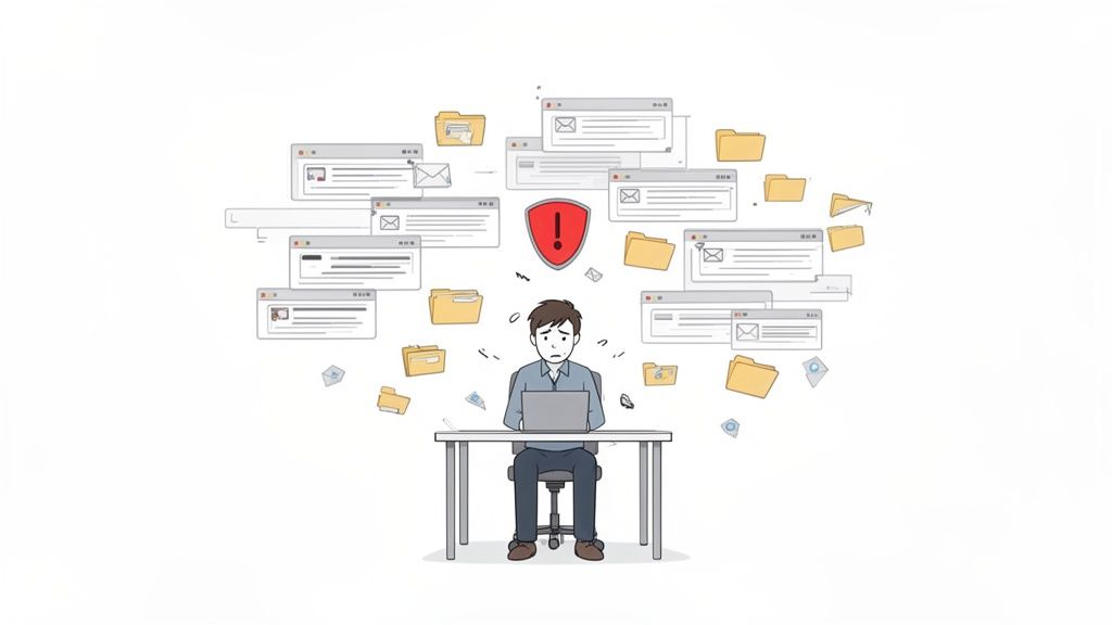 An overwhelmed person at a laptop surrounded by digital documents, emails, folders, and a cyber secu