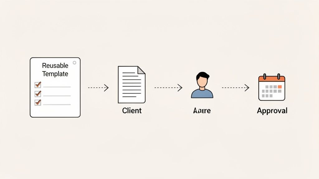Workflow diagram showing a reusable template leading to client documents, then user action, and fina