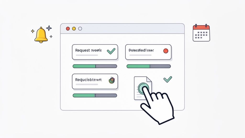 A cartoon illustration of a client document collection interface with progress bars and status updat