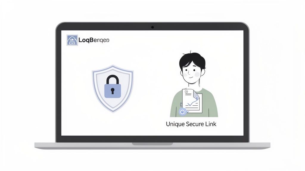 A laptop screen illustrates a secure link concept with a padlock, shield, and person holding a check