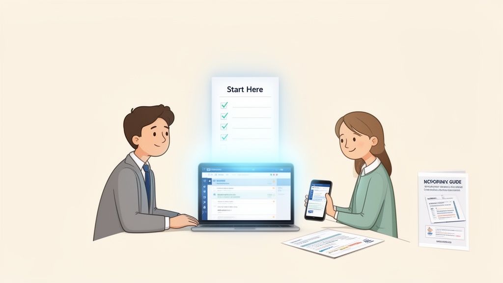 Two people using a laptop and smartphone for digital collaboration with a glowing checklist.