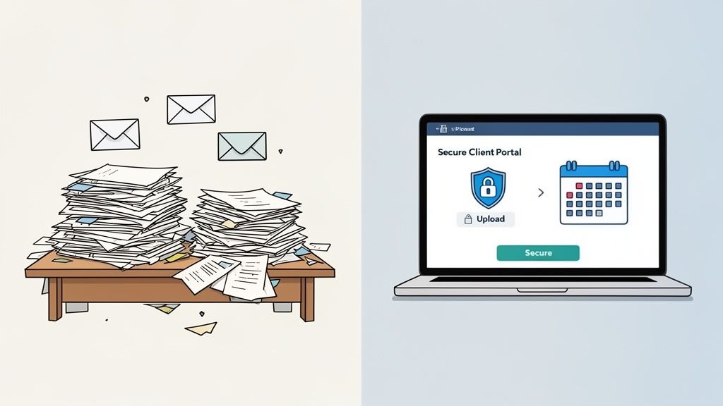 An image contrasting a messy desk with paper and mail on the left, and a laptop showing a secure cli