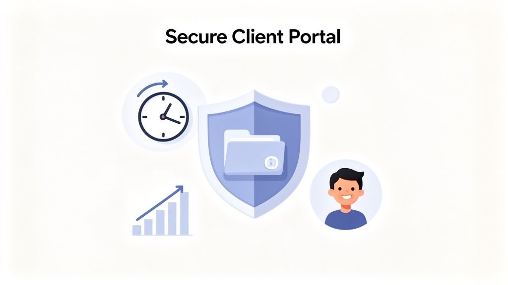 Illustration depicting a secure client portal with icons for data security, efficiency, growth, and