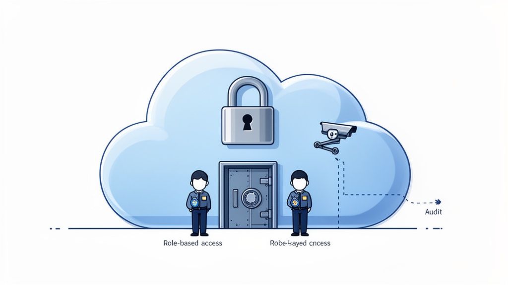 Cloud security concept showing a locked cloud, vault, role-based access, and surveillance audit.