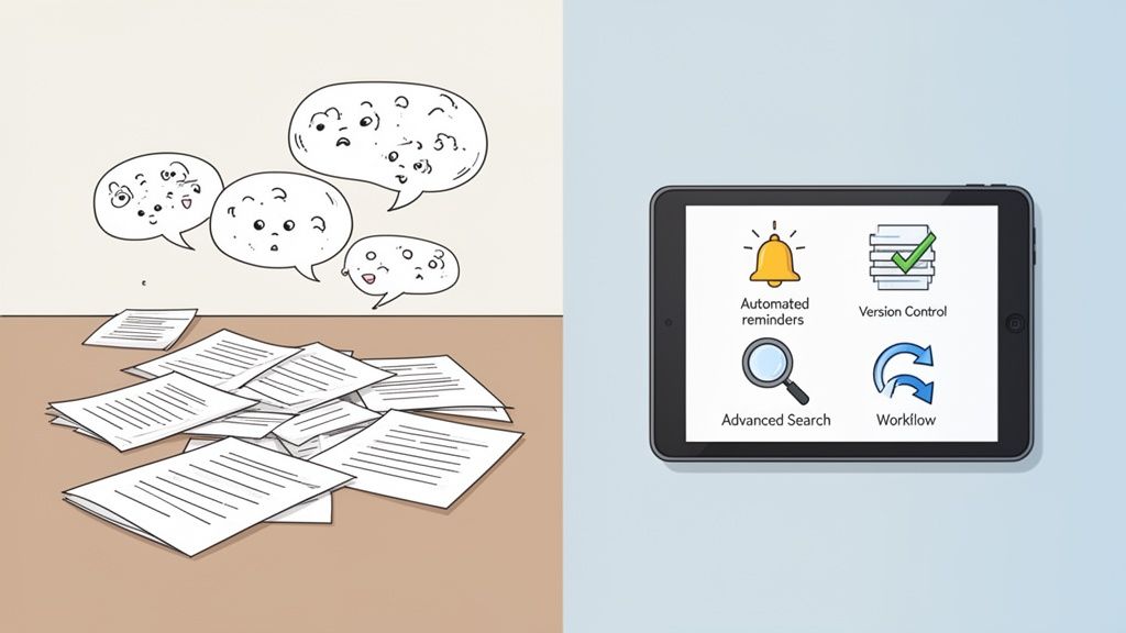 Chaos of paper documents contrasted with a tablet showing efficient digital document management feat