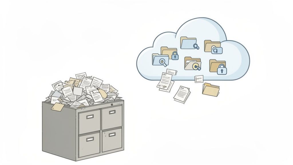 A filing cabinet overflowing with paper documents contrasted with organized digital folders in a clo