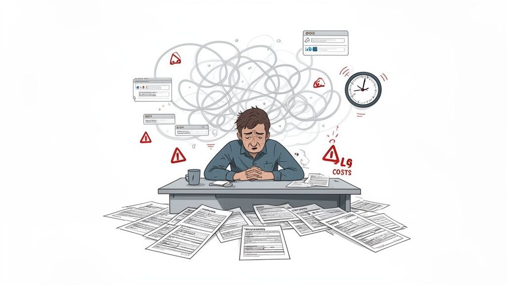A man looks overwhelmed at a cluttered desk, surrounded by documents, warning signs, and tangled wir