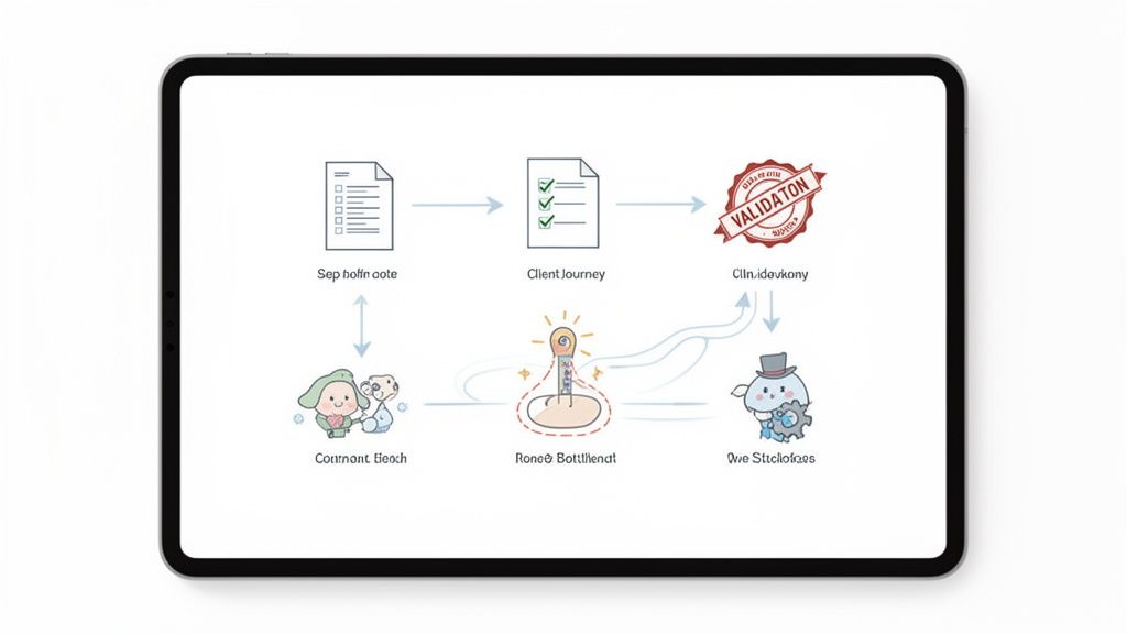Digital client journey workflow on a tablet, showing process steps, documents, and cartoon character