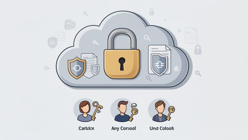 Illustration of cloud storage with a padlock, protected documents, and three users holding keys.