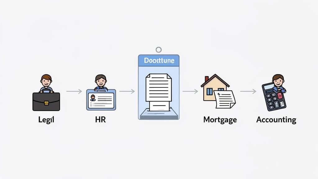 A workflow diagram showing document processing from Legal and HR through Doottune to Mortgage and Ac