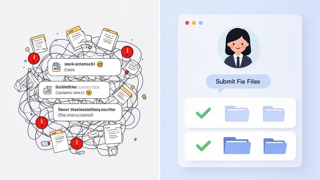 Illustration contrasting a messy pile of documents with error signs and a clean, organized digital f