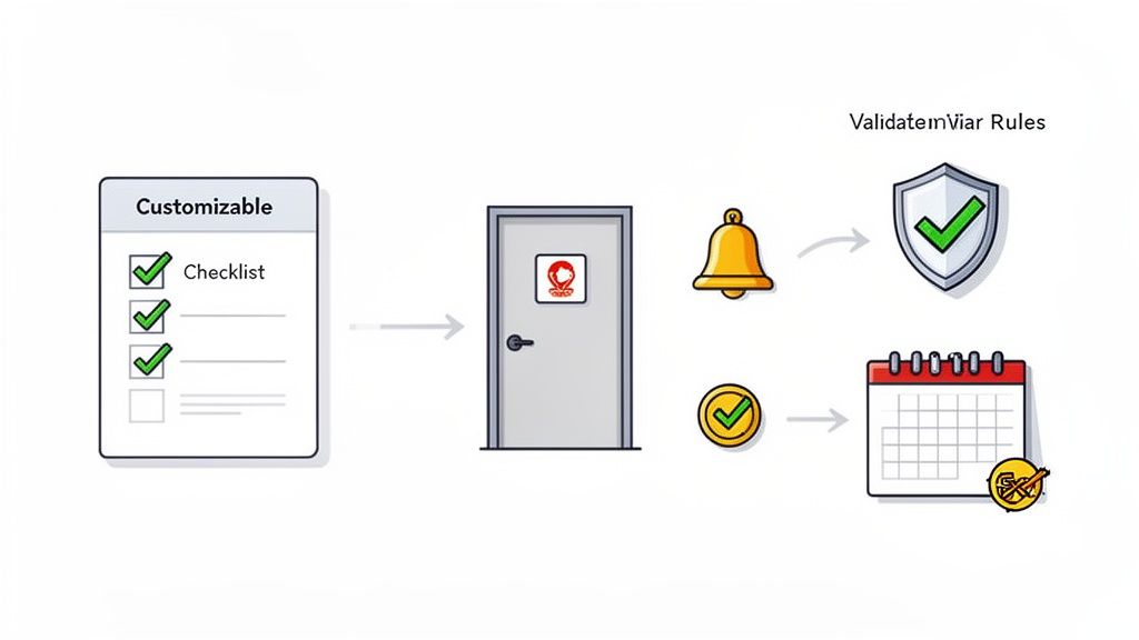 Diagram showing a customizable checklist, leading to a door, then to rule validation and scheduling.