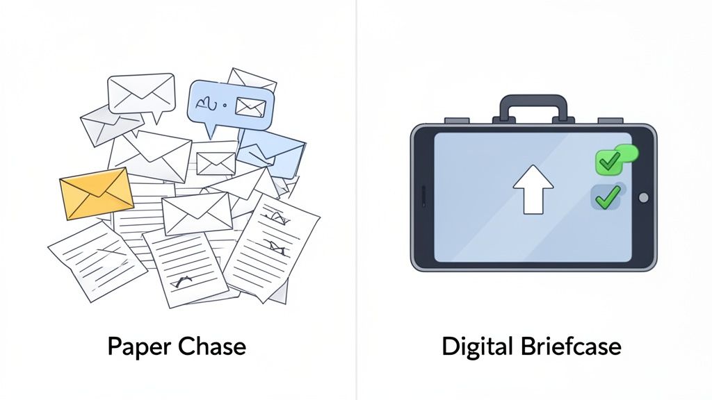 An illustration comparing messy paper document piles to an organized digital briefcase for uploads.