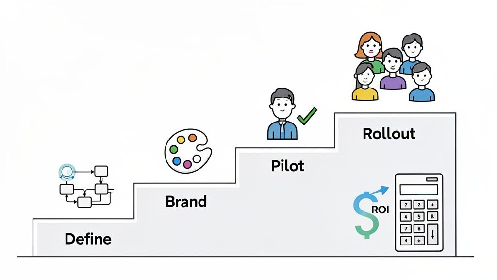 An illustration of a four-step process for project development: Define, Brand, Pilot, and Rollout, w