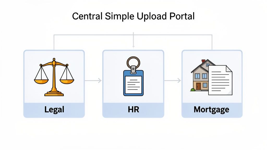 A diagram illustrating a central simple upload portal connecting to legal, HR, and mortgage departme