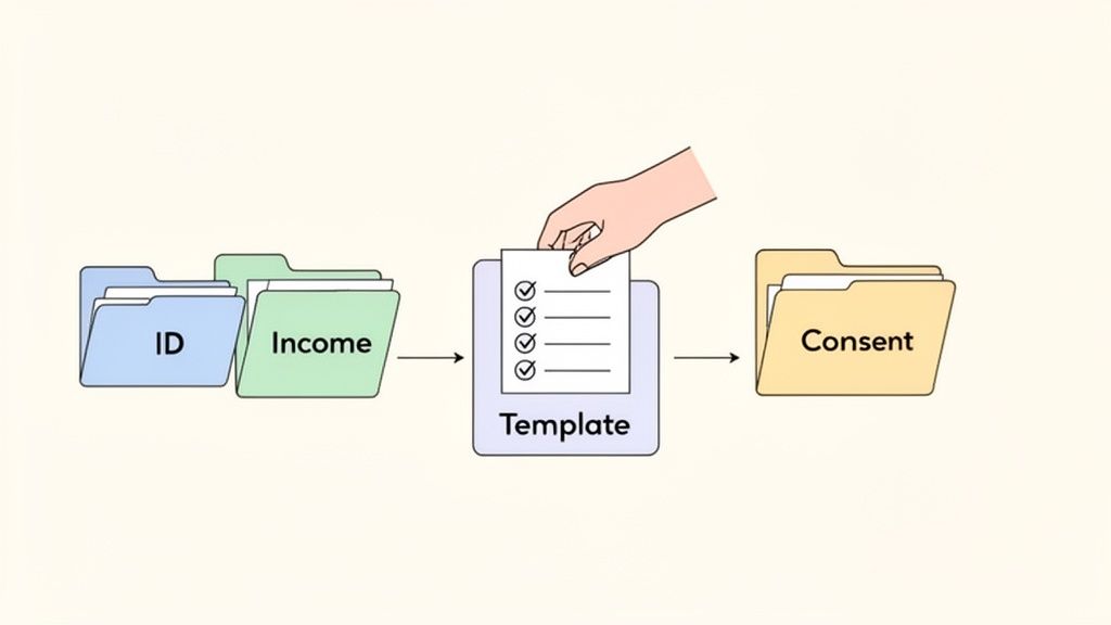 A flowchart depicting ID and Income folders feeding into a template with a checklist, leading to a C