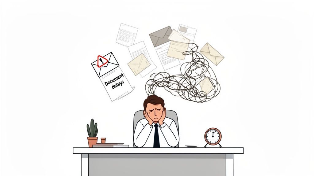 An illustration of a stressed man overwhelmed by documents, emails, and document delays at his desk.
