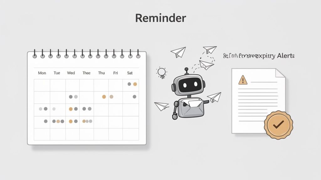 A reminder concept with a calendar, a robot sending alerts, and a document with a warning and checkm