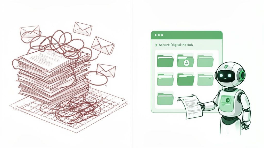 Illustration showing messy paper documents transforming into organized digital files with a helpful 