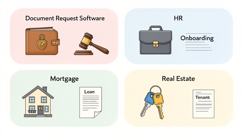 Illustration of document request software use cases across legal, HR, mortgage, and real estate indu