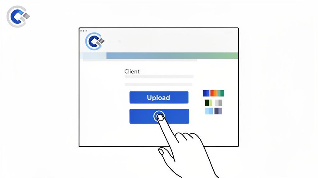 Illustration of a user interface with an upload button being clicked by a hand.