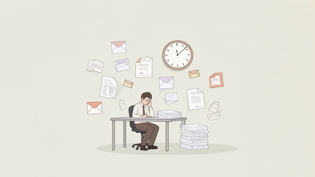 A stressed man at a desk, overwhelmed by a pile of documents, envelopes, and a looming clock.