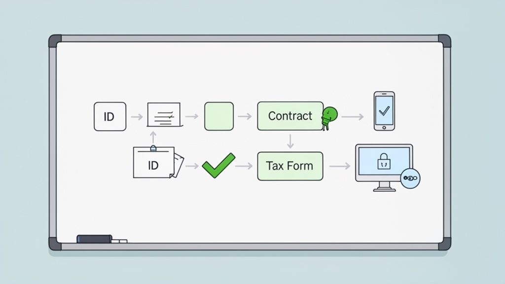 A whiteboard flowchart illustrates the digital workflow for ID verification, contracts, and tax form