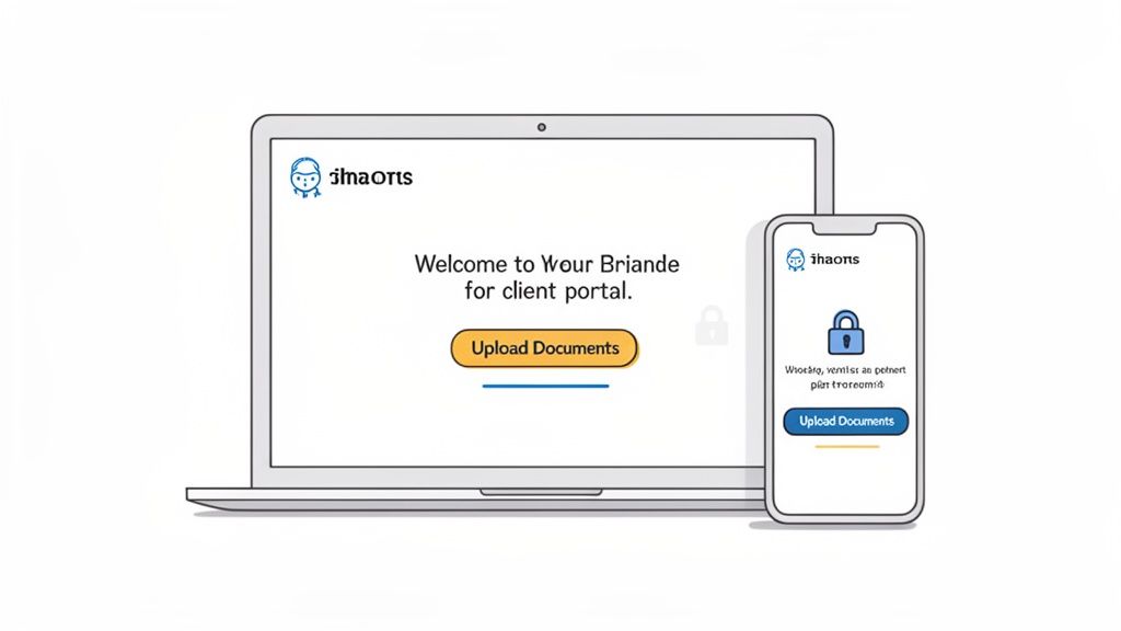 Digital illustration of a laptop and phone, both displaying a secure document upload client portal.