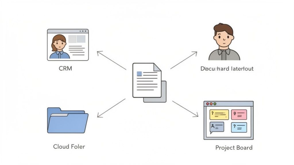 Illustration of a document integrating with CRM, a user, cloud folder, and a project board.