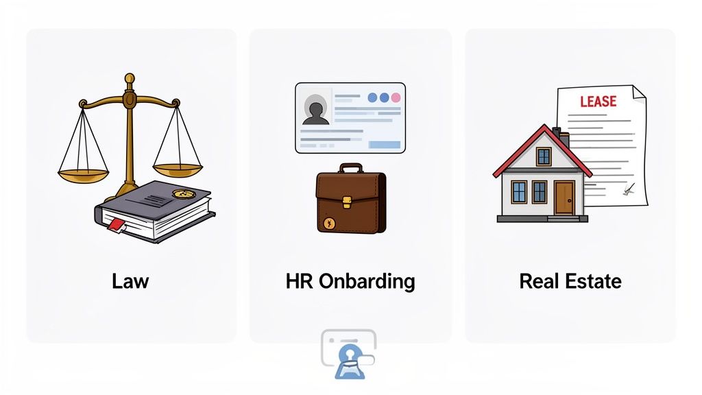 Illustrations showing a scale of justice, a law book, an ID card, a briefcase, a house, and a lease