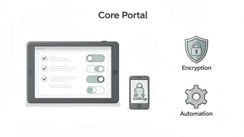 Core portal illustration showing tablet settings, mobile access, encryption, and automation features