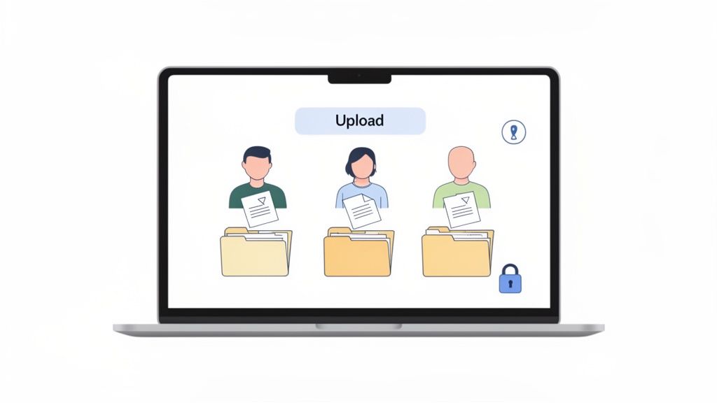 Illustration on a laptop screen showing user icons uploading documents into folders with security sy