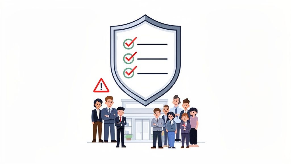 Diverse team of employees standing under a shield with a completed checklist, next to a warning sign