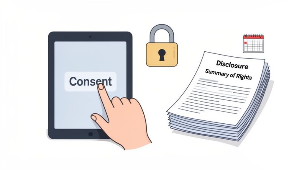 A hand taps 'Consent' on a tablet screen, symbolizing digital agreement, data security, an