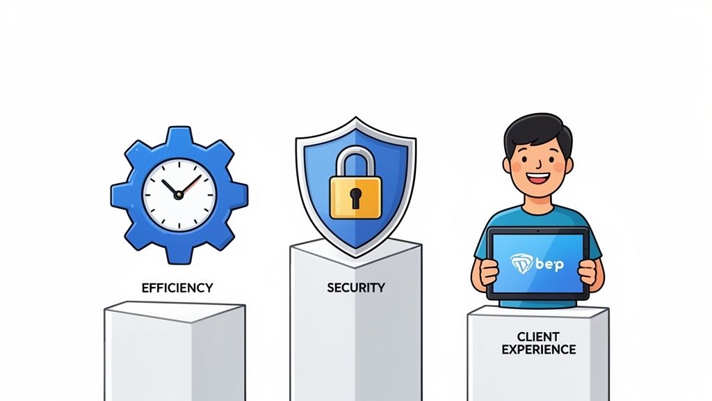 Cartoon illustrating efficiency, security, and client experience with icons and a man holding a 