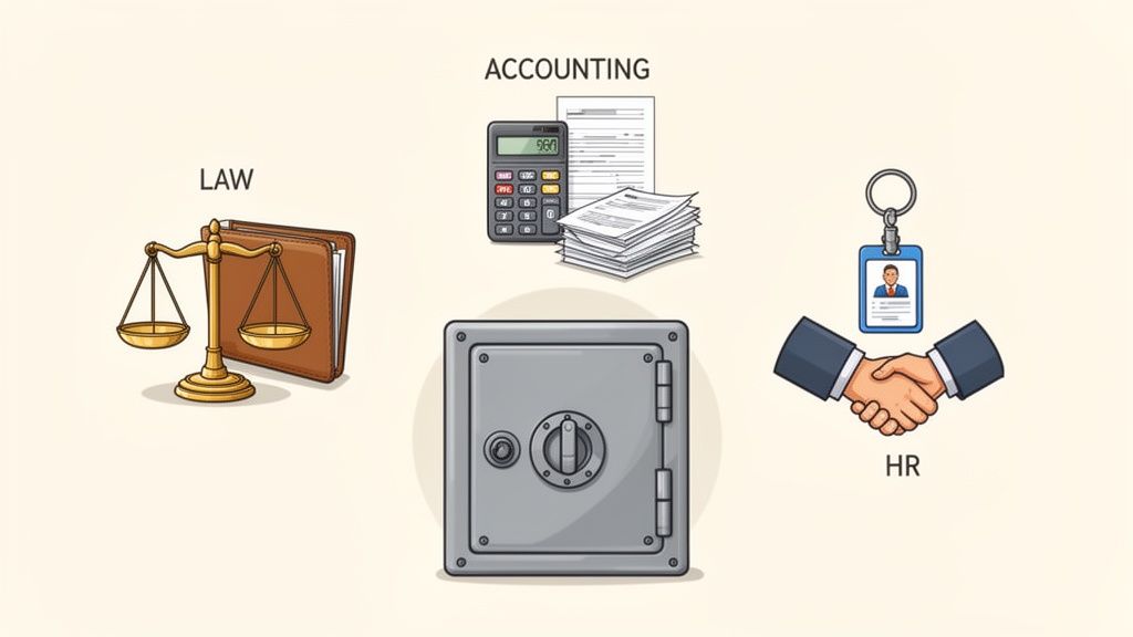 Illustrations representing law, accounting, and HR departments with relevant symbols and a central s