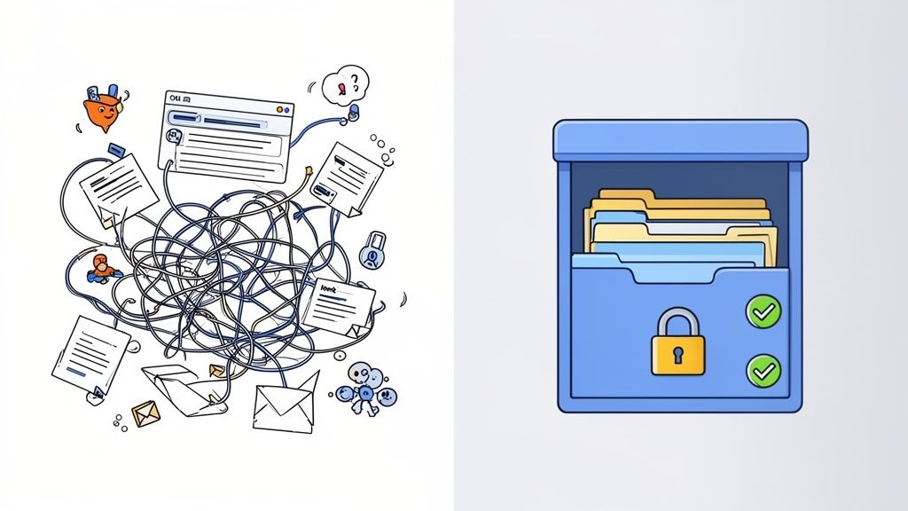 A side-by-side illustration contrasting chaotic, tangled digital files with an organized, secured fi