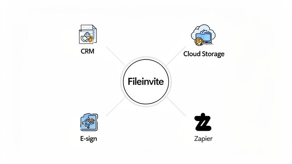Diagram showing Fileinvite integrations with CRM, Cloud Storage, E-sign, and Zapier platforms.