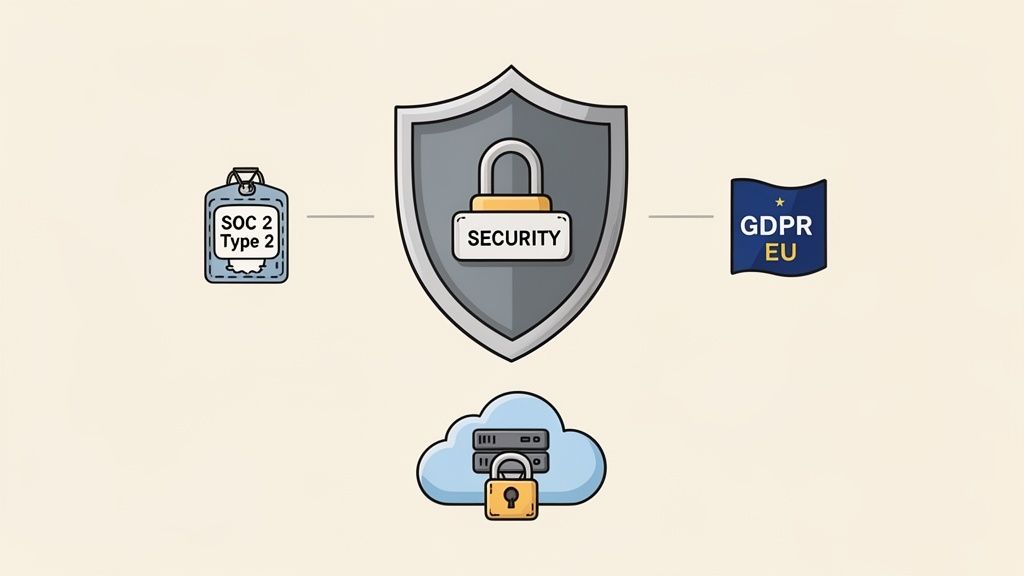 Diagram illustrating data security with SOC 2, GDPR EU compliance, and a locked cloud server.