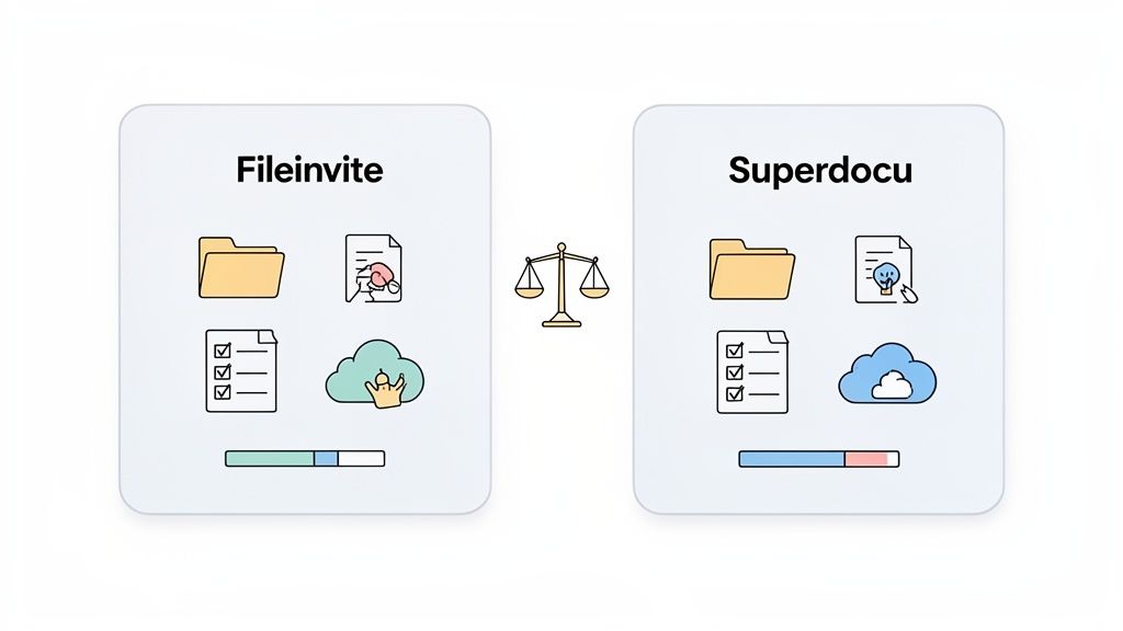 A visual comparison between Fileinvite and Superdocu, showing features like documents, folders, and 